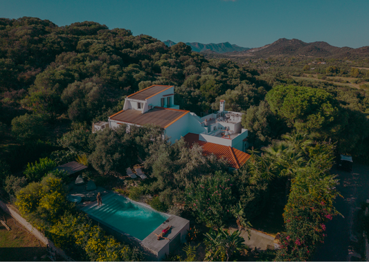 Aerial view of a villa with a pool surrounded by lush greenery.